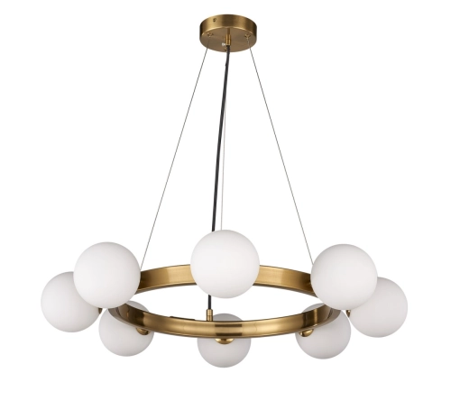 Lampa wisząca Molecula 60cm – żyrandol, złoto szczotkowane, klosze mleczne